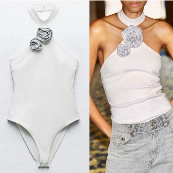 FLORAL JEWEL HALTER NECK BODYSUIT SIZE L - Picture 7 of 10